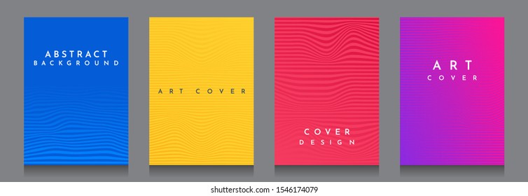 Vector illustration. Vector set of A4 covers. Gradient fill background. Set of wallpapers. Curved lines with optical 3d illusion. Flat style. Graphic design. Minimalist color poster collection. 