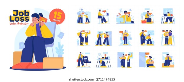 Ilustración vectorial sobre las experiencias emocionales de los oficinistas que enfrentan la pérdida de su trabajo, despidos o desempleo. Buscando un nuevo trabajo.