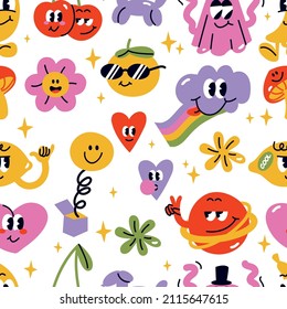 Vector illustration set with abstact funny characters. Comic stickers, pins or patches. Seamless pattern