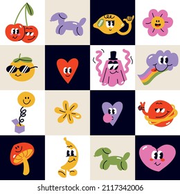Vector illustration set with abstact funny characters. Comic stickers, pins or patches. Seamless pattern