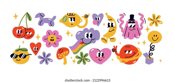 Vector illustration set with abstact funny characters. Comic stickers, pins or patches isolated on a white background.