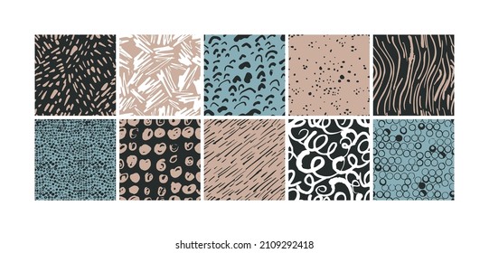 Vector illustration set of abstract backgrounds or seamless patterns. Contemporary minimal modern trendy doodle. Naive art