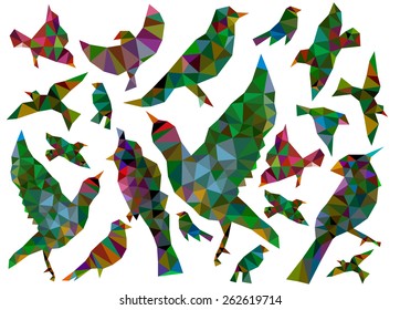 Vector illustration of set of abstract birds. Polygonal Mosaic. Triangular low poly style. Template for poster. Polygonal birds.