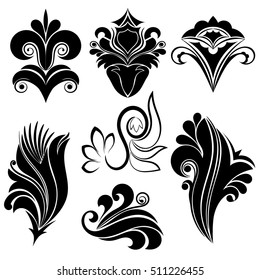 Vector illustration set of abstract black swirl floral design on a white background