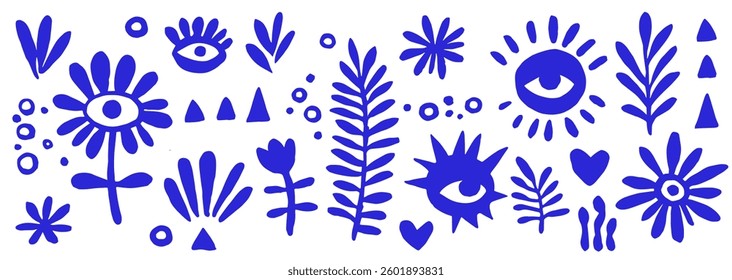 vector illustration, set of abstract blue modern ornament elements, eyes and flowers.	