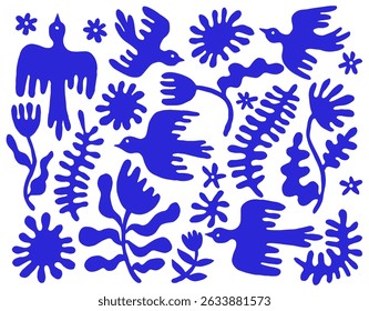 Vector illustration, set of abstract blue flowers, birds and spots.