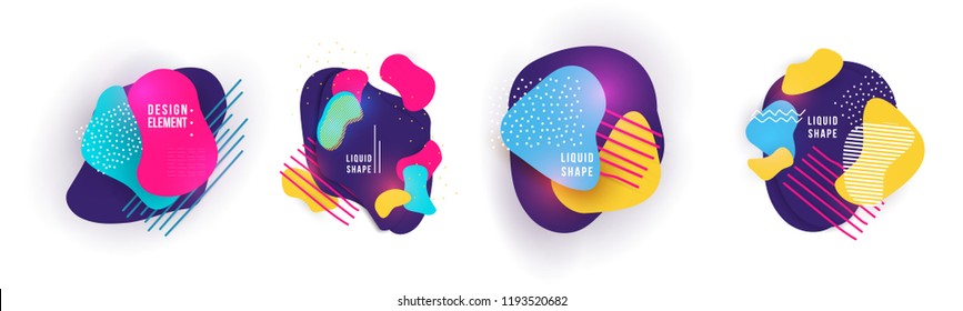 Vector illustration set of abstract figures of bright liquid modern shapes on white background with neon colors. Dynamical colored forms and line abstract banners with flowing fluid organic shapes.