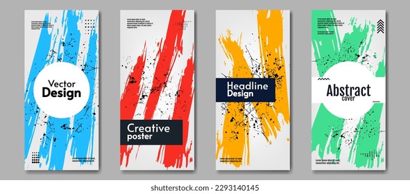 Vector illustration. Set of abstract flyers with white backdrop. Paint brushes. Creative design for invitation, brochure, flyer. 