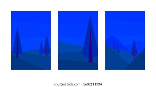 vector illustration set of abstract geometric night landscapes spruce hill mountain clear sky