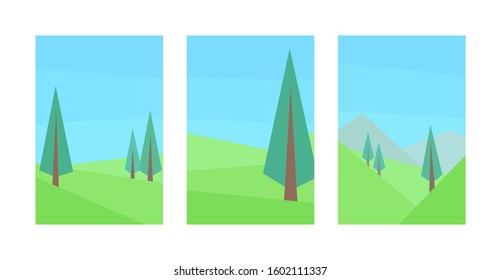 vector illustration set of abstract geometric landscape spruce hill mountain clear sky