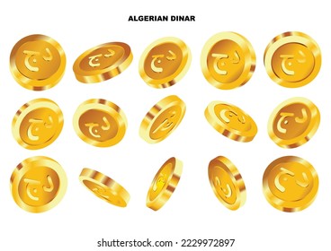 Vector illustration of set of abstract golden Algerian dinar coins concept in different angles and orientations. Currency sign on coin design in Scalable eps format