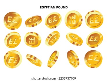 Vector illustration of set of abstract golden Egyptian pound coins concept in different angles and orientations. Currency sign on golden coin design in Scalable eps format