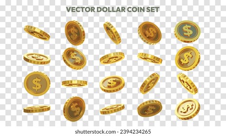 Vector illustration of set of abstract golden US dollar coins in different angles and orientations. Currency sign on coin design in Scalable eps format