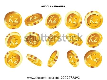 Vector illustration of set of abstract golden Angolan Kwanza coins concept in different angles and orientations. Currency sign on coin design in Scalable eps format
