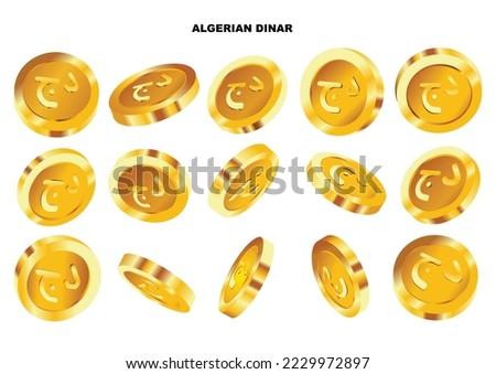 Vector illustration of set of abstract golden Algerian dinar coins concept in different angles and orientations. Currency sign on coin design in Scalable eps format