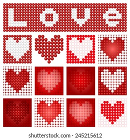 Vector illustration: set of abstract hearts made of red and white balls