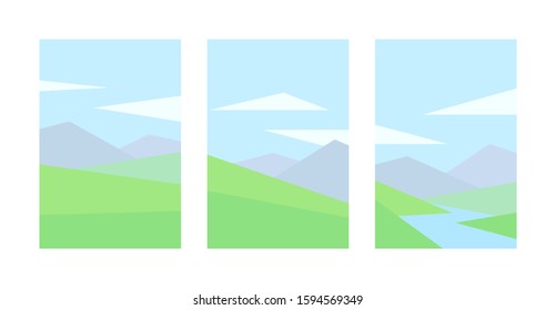 vector illustration set of abstract landscapes mountain river water hill clouds grass