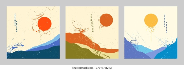 Vector illustration. Set of abstract landscapes in Japanese style with mountains, sun, and ink splatters. Contemporary artistic backgrounds with grunge texture and minimalist oriental design.