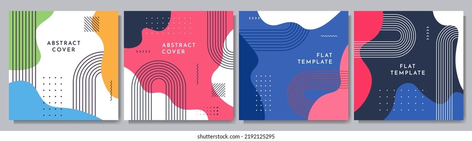 Ilustración vectorial. Conjunto de abstractos antecedentes de arte moderno. Formas geométricas simples. Líneas y olas. Estilo Boho minimalista. Color vibrante. Elementos de diseño para plantilla de medios sociales, publicación de blog, tarjeta