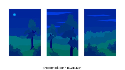 vector illustration set of abstract night landscapes tree bush cloud sky forest
