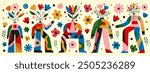 Vector illustration set with abstract people, bodies as flower vases and pots. Mental health, emotions, positive mind sticker pack design. Inspirational greeting card templates, wall decoration poster