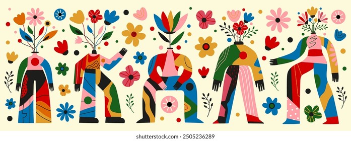 Vector illustration set with abstract people, bodies as flower vases and pots. Mental health, emotions, positive mind sticker pack design. Inspirational greeting card templates, wall decoration poster