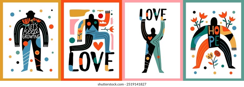 Vector illustration set with abstract people. Mental health, emotions, positive mind sticker pack design. Flowers and lettering. Inspirational greeting card templates with love and hope words.