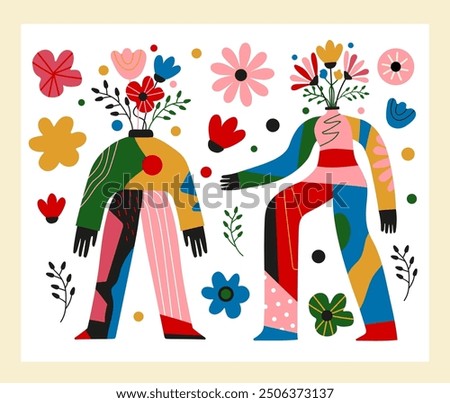 Vector illustration set with abstract people, bodies as flower vases and pots. Mental health, emotions, positive mind sticker pack design. Inspirational greeting card templates, wall decoration poster
