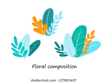 Vector illustration, set of abstract plants, leaves in flat, cartoon style. Ideal for web, card, poster, cover, invitation, brochure isolated in white background