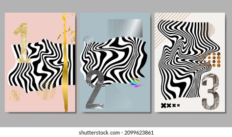 Ilustración vectorial. Conjunto de afiches abstractos. Color oro, plata y bronce con números. Diseño para afiches, banner, álbum, portada. 