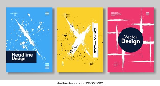 Vector illustration. Set of abstract posters. Modern colors backdrop. Paint splash and scratches. Creative design for cover, poster, brochure, banner, business card.
