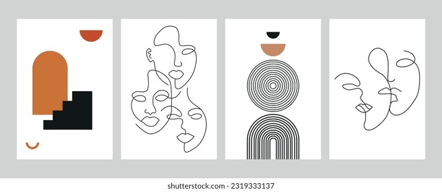 Vector illustration. Set of abstract posters. Modern backgrounds. Features of the girl's face. Mid-century wall decor. Design elements for book cover, page template, print, card, brochure, magazine.