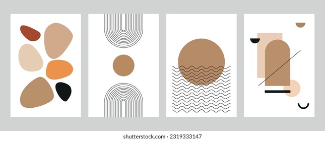 Vector illustration. Set of abstract posters. Modern backgrounds. Mid-century wall decor. Design elements for book cover, page template, print, card, brochure, magazine, poster.