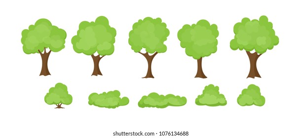 Vector illustration set of abstract stylized trees on white background. Trees and bushes collection in flat cartoon style.