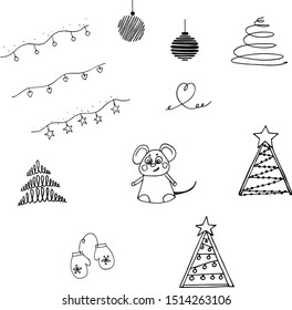Vector illustration. Set of abstract symbols, mouse, Christmas tree, mittens, garlands, balls, Doodle lines, black outline on white background.