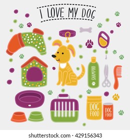 Vector illustration set of accessories for dog