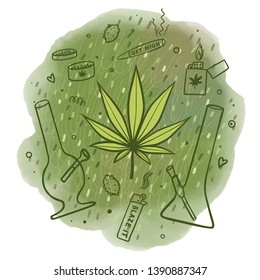 Vector illustration of a set of accessories for smoking marijuana and cannabis leaf.