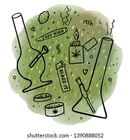 Vector illustration of a set of accessories for smoking marijuana.