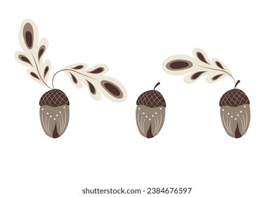 Vector illustration set of acorn. Isolated objects are perfect for seasonal decor, invitation or greeting card