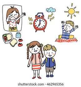 vector illustration - set of activities of school boy and girl in the morning such as waking up early when alarm clock ringing, yawning, and ready for school. Brother and sister holding hands.