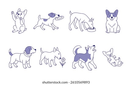 Vector illustration set of adorable cartoon line dogs in playful, fun, and active poses. Minimal style perfect for pet themed designs