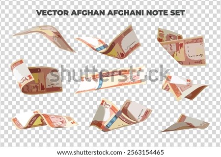 Vector illustration of set of Afghan Afghani notes flying in different angles and orientations. Currency note design in Scalable eps format
