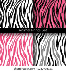 Vector illustration set of African zebra patterns in white, black and pink colors. Seamless zebra skin texture patterns collection.