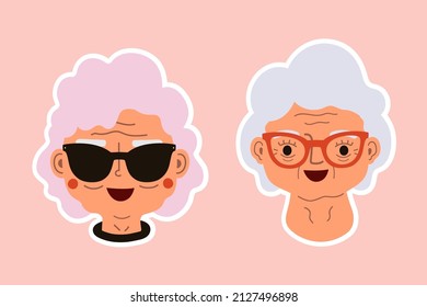Vector illustration set with aged women heads. Funny and trendy female print design with grannies