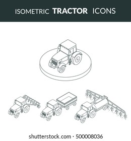vector illustration. set of agricultural contour outline icons. Farm tractor with plow, trailer, sprayed with insecticides. 3D, isometric 
