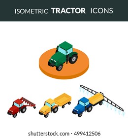 vector illustration. Set of agricultural icons. A tractor with a plow and a trailer. Tractor sprinkles planting insecticides.  Isometric, 3D