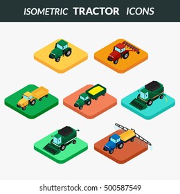 vector illustration. set of agricultural icons. Farm tractor with plow, trailer, sprayed with insecticides. harvester. 3D, isometric 