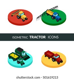 vector illustration. Set of agricultural icons. Farm equipment. A tractor with a plow and a trailer with hay. Tractor sprinkles planting insecticides. The harvester harvests. Isometric, 3D