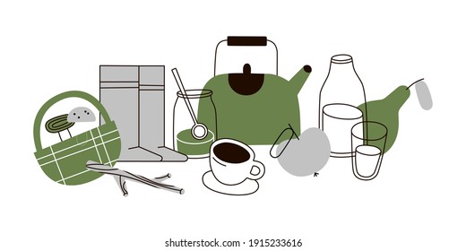 Vector illustration set of agriculture and village icons. Contains icons such as mushrooms, basket, branch, kettle, rubber boots and more