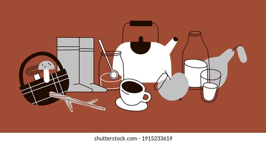 Vector illustration set of agriculture and village icons. Contains icons such as mushrooms, basket, branch, kettle, rubber boots and more